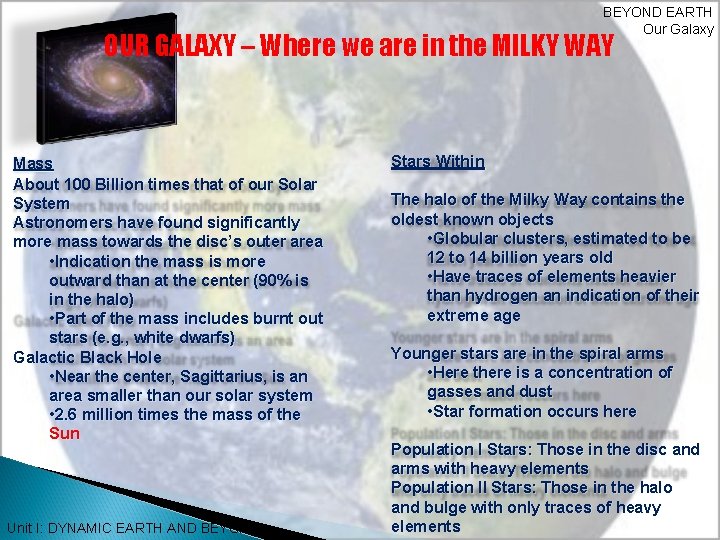 BEYOND EARTH Our Galaxy OUR GALAXY – Where we are in the MILKY WAY