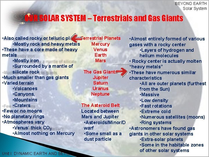 BEYOND EARTH Solar System OUR SOLAR SYSTEM – Terrestrials and Gas Giants • Also