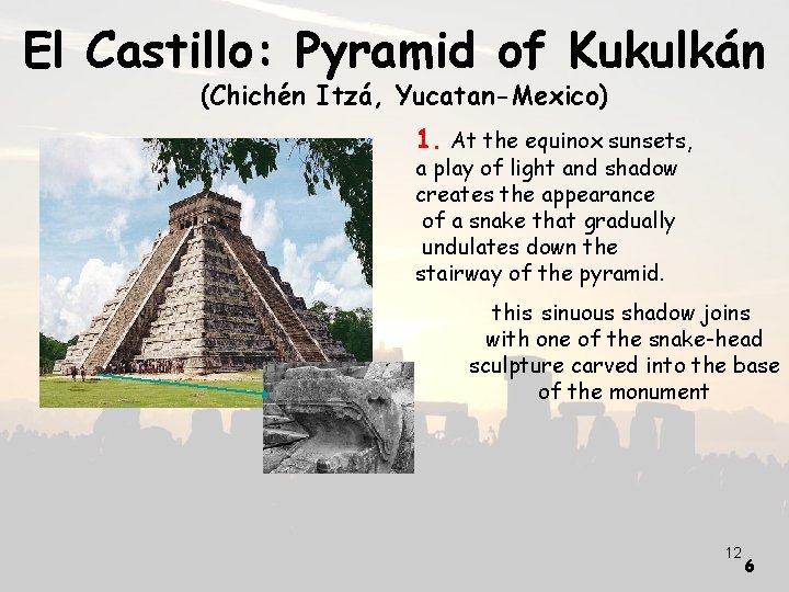 El Castillo: Pyramid of Kukulkán (Chichén Itzá, Yucatan-Mexico) 1. At the equinox sunsets, a