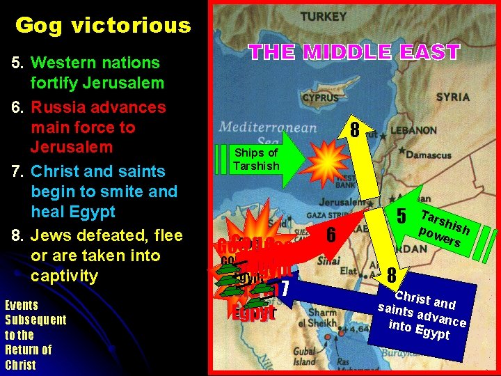 Gog victorious 5. Western nations fortify Jerusalem 6. Russia advances main force to Jerusalem