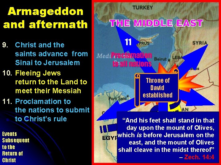 Armageddon and aftermath 9. Christ and the saints advance from Sinai to Jerusalem 10.