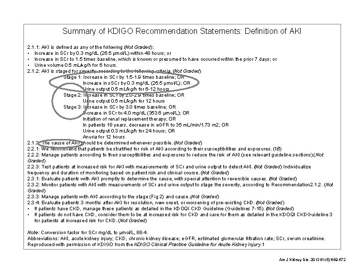 Summary of KDIGO Recommendation Statements: Definition of AKI 2. 1. 1: AKI is defined