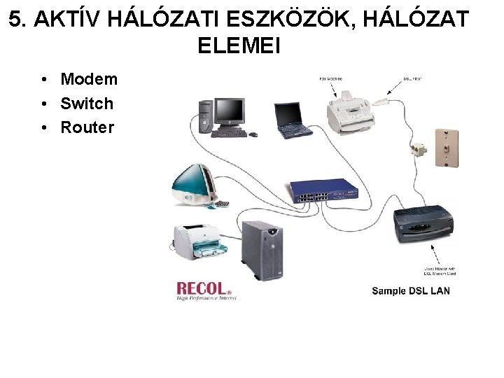 5. AKTÍV HÁLÓZATI ESZKÖZÖK, HÁLÓZAT ELEMEI • Modem • Switch • Router 