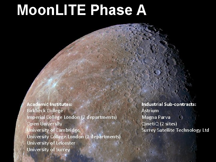 UCL Mullard Space Science Laboratory Moon. LITE Phase A Academic Institutes: Birkbeck College Imperial