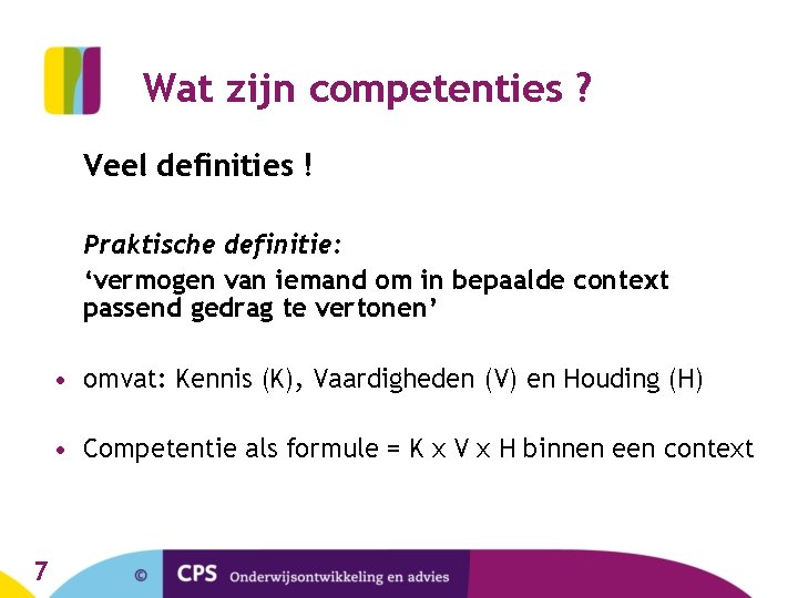 Wat zijn competenties ? Veel definities ! Praktische definitie: ‘vermogen van iemand om in