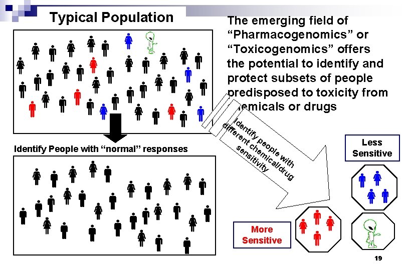 Typical Population Identify People with “normal” responses The emerging field of “Pharmacogenomics” or “Toxicogenomics”