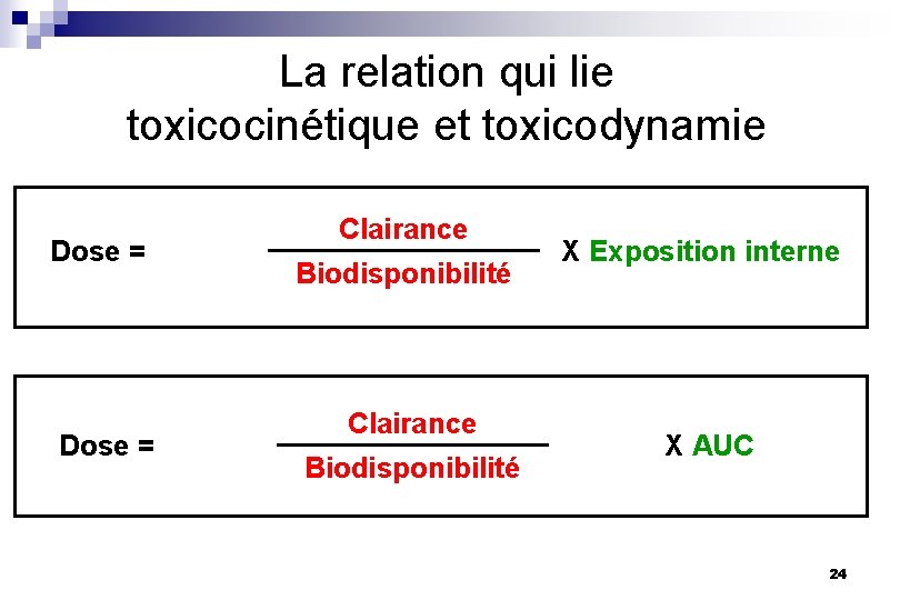 La relation qui lie toxicocinétique et toxicodynamie Dose = Clairance Biodisponibilité X Exposition interne