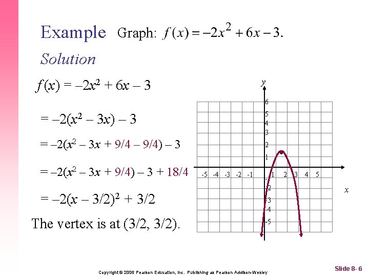 Example Graph: Solution y f (x) = – 2 x 2 + 6 x