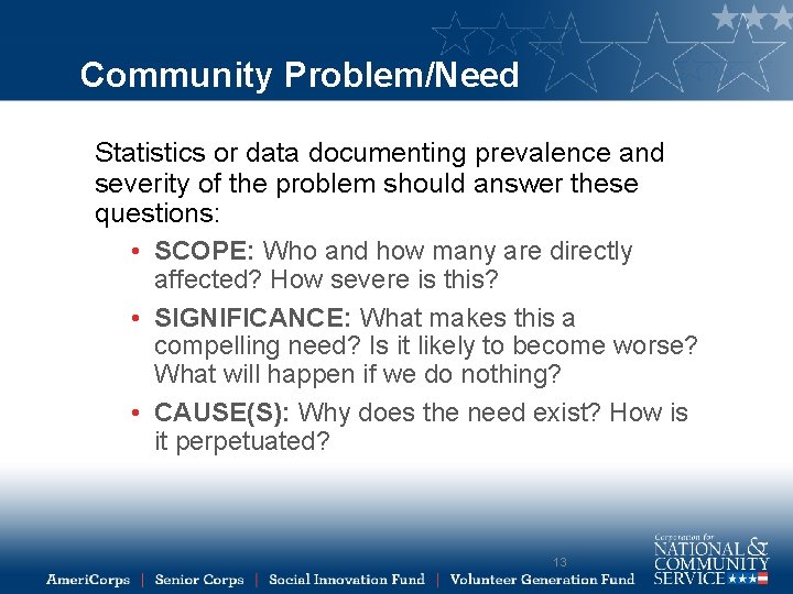 Community Problem/Need Statistics or data documenting prevalence and severity of the problem should answer