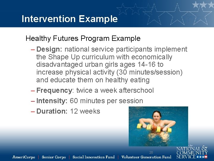 Intervention Example Healthy Futures Program Example – Design: national service participants implement the Shape