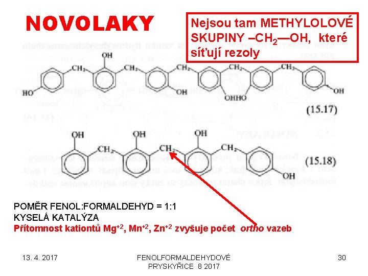 NOVOLAKY Nejsou tam METHYLOLOVÉ SKUPINY –CH 2—OH, které síťují rezoly POMĚR FENOL: FORMALDEHYD =