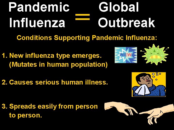 Pandemic Influenza Global Outbreak Conditions Supporting Pandemic Influenza: 1. New influenza type emerges. (Mutates