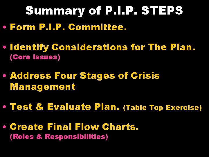 Summary of P. I. P. STEPS • Form P. I. P. Committee. • Identify