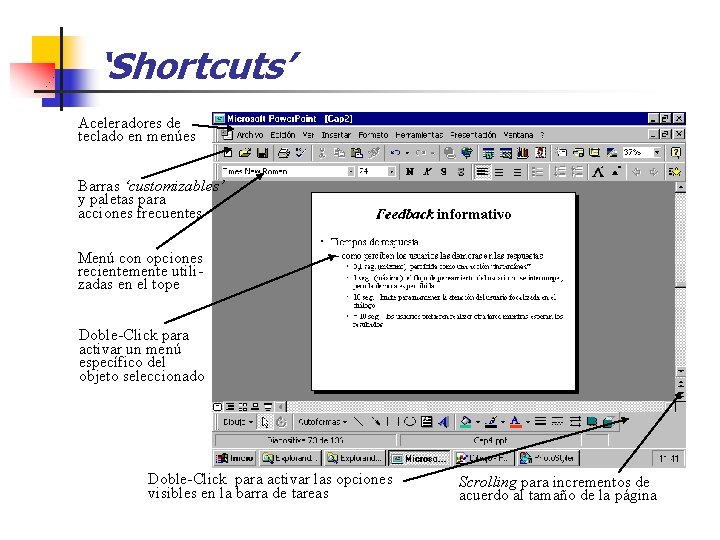 ‘Shortcuts’ Aceleradores de teclado en menúes Barras ‘customizables’ y paletas para acciones frecuentes Menú