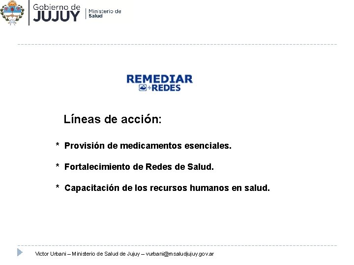 Líneas de acción: * Provisión de medicamentos esenciales. * Fortalecimiento de Redes de Salud.