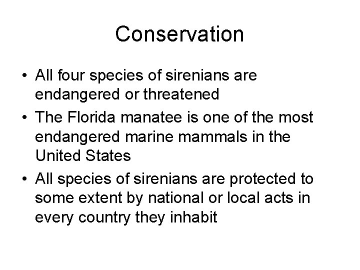 Conservation • All four species of sirenians are endangered or threatened • The Florida