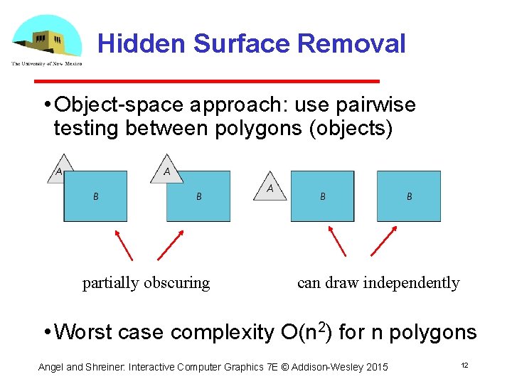 Hidden Surface Removal • Object space approach: use pairwise testing between polygons (objects) partially