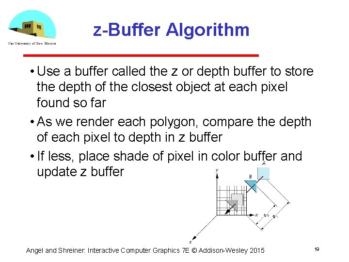 z-Buffer Algorithm • Use a buffer called the z or depth buffer to store