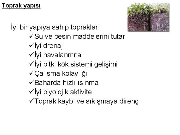 Toprak yapısı İyi bir yapıya sahip topraklar: üSu ve besin maddelerini tutar üİyi drenaj