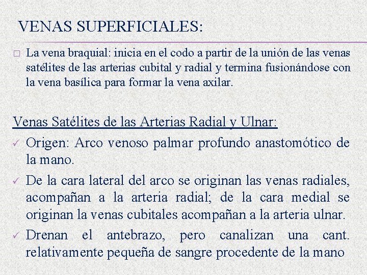 VENAS SUPERFICIALES: � La vena braquial: inicia en el codo a partir de la