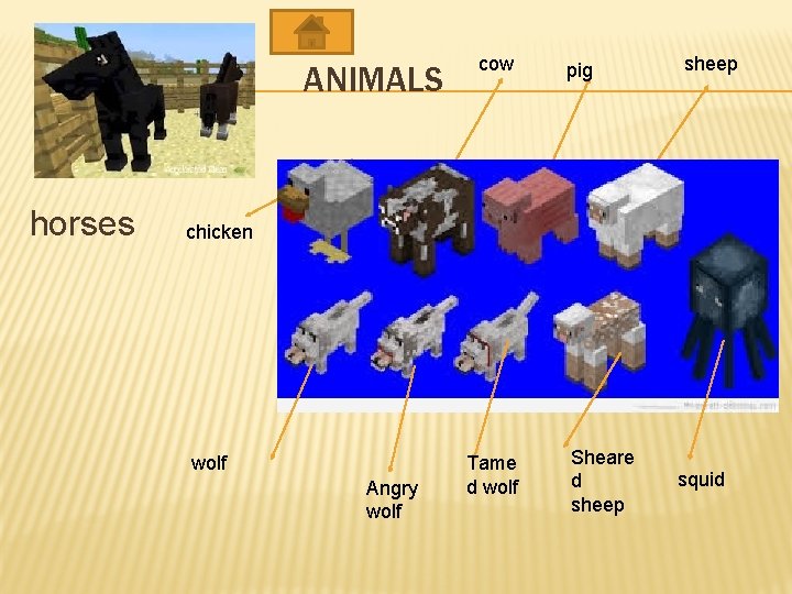 ANIMALS horses cow pig sheep chicken wolf Angry wolf Tame d wolf Sheare d