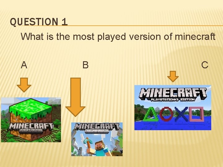 QUESTION 1 What is the most played version of minecraft A B C 