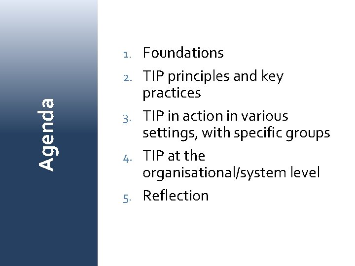 1. Agenda 2. 3. 4. 5. Foundations TIP principles and key practices TIP in