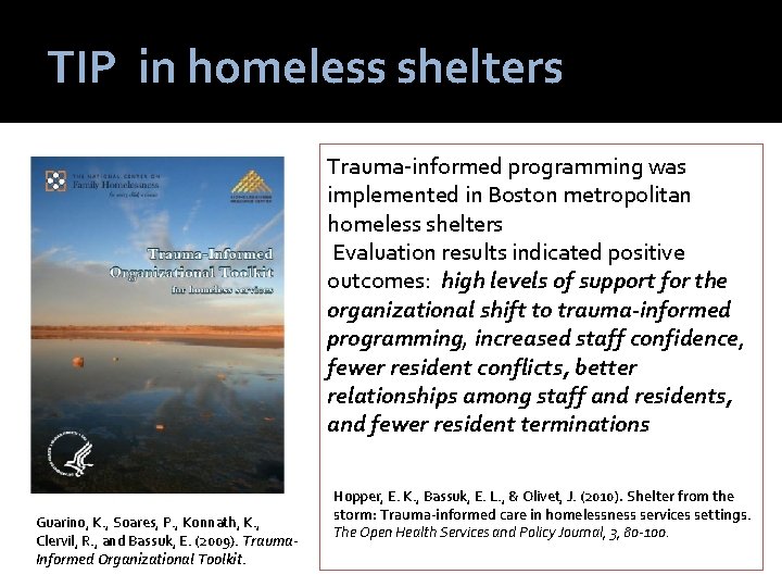 TIP in homeless shelters Trauma-informed programming was implemented in Boston metropolitan homeless shelters Evaluation