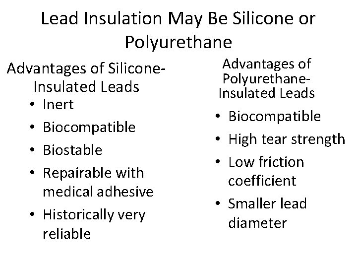 Lead Insulation May Be Silicone or Polyurethane Advantages of Silicone. Insulated Leads • Inert