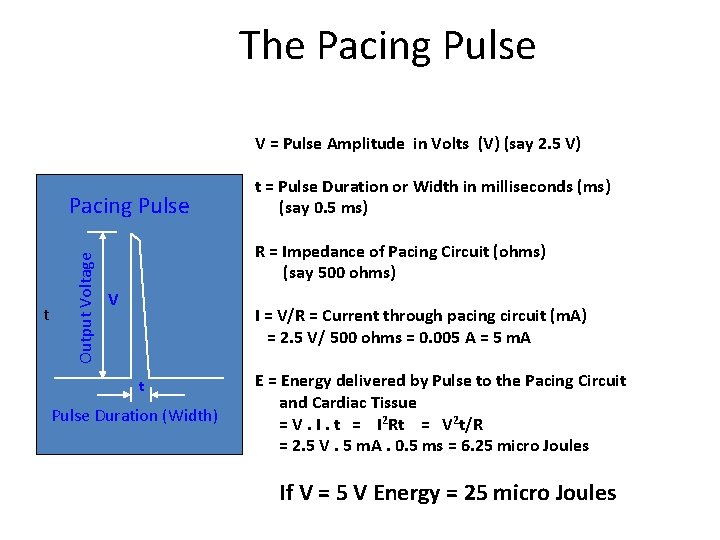 The Pacing Pulse V = Pulse Amplitude in Volts (V) (say 2. 5 V)