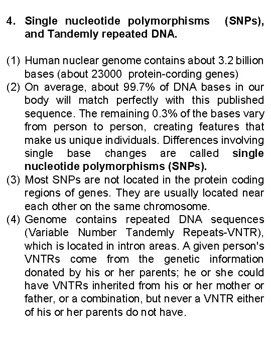 4. Single nucleotide polymorphisms and Tandemly repeated DNA. (SNPs), (1) Human nuclear genome contains