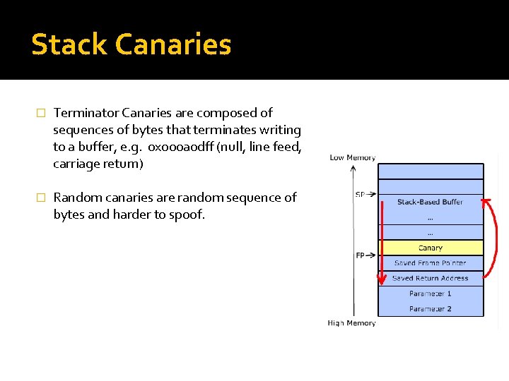 Stack Canaries � Terminator Canaries are composed of sequences of bytes that terminates writing