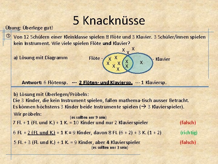 5 Knacknüsse Übung: Überlege gut! Von 12 Schülern einer Kleinklasse spielen 8 Flöte und