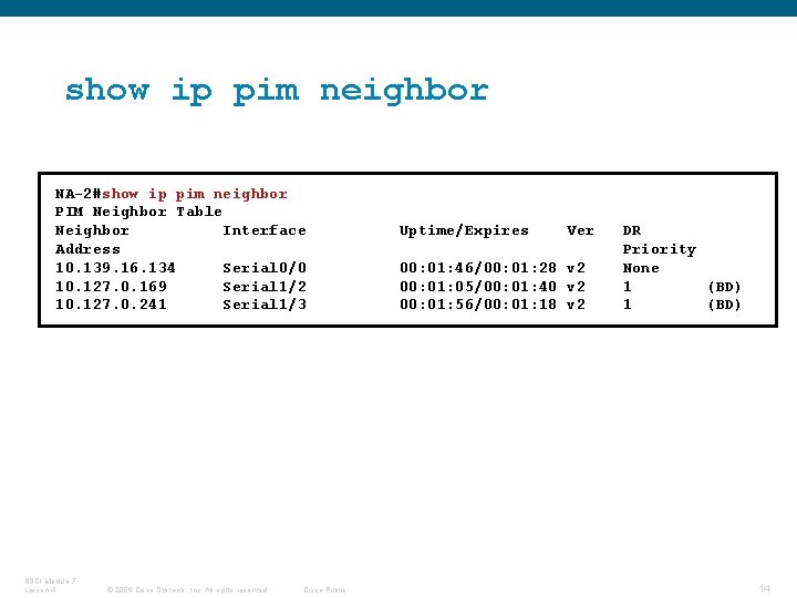 show ip pim neighbor NA-2#show ip pim neighbor PIM Neighbor Table Neighbor Interface Address