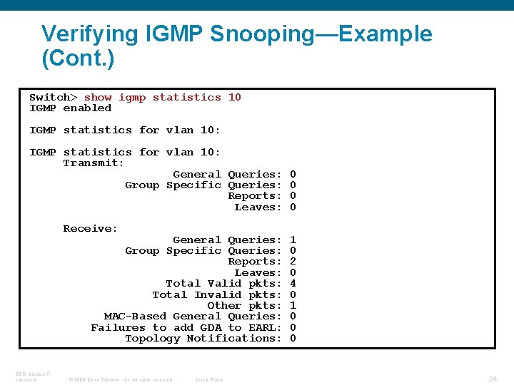 Verifying IGMP Snooping—Example (Cont. ) Switch> show igmp statistics 10 IGMP enabled IGMP statistics