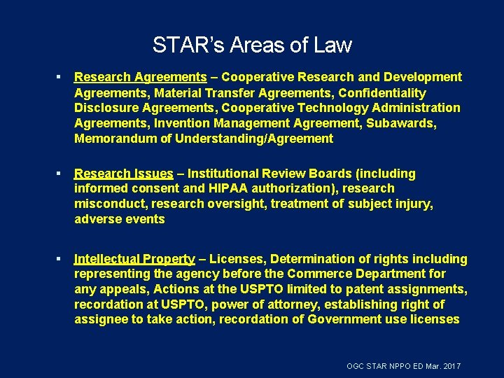 STAR’s Areas of Law Research Agreements – Cooperative Research and Development Agreements, Material Transfer