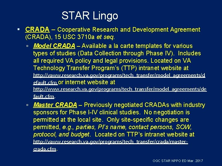 STAR Lingo CRADA – Cooperative Research and Development Agreement (CRADA), 15 USC 3710 a