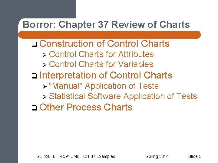 Borror: Chapter 37 Review of Charts q Construction of Control Charts Ø Control Charts