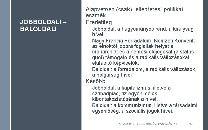 JOBBOLDALI – BALOLDALI Alapvetően (csak) „ellentétes” politikai eszmék. Eredetileg Jobboldal: a hagyományos rend, a