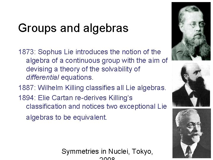 Groups and algebras 1873: Sophus Lie introduces the notion of the algebra of a
