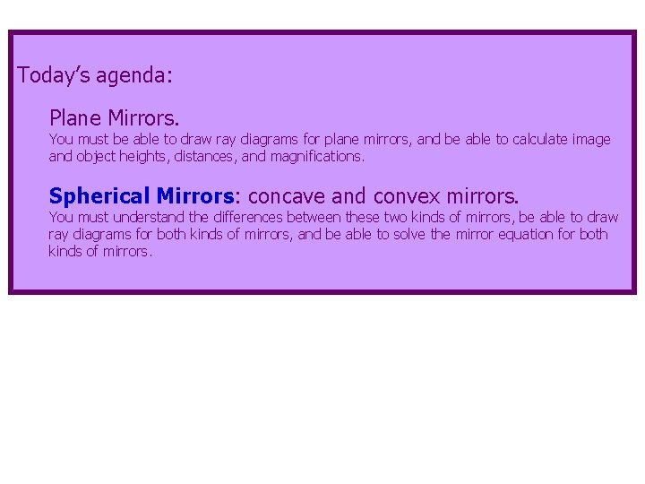 Today’s agenda: Plane Mirrors. You must be able to draw ray diagrams for plane