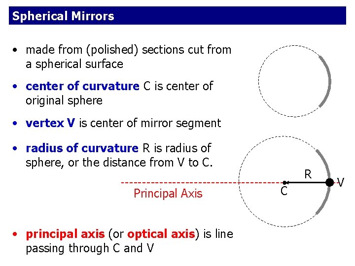 Spherical Mirrors • made from (polished) sections cut from a spherical surface • center