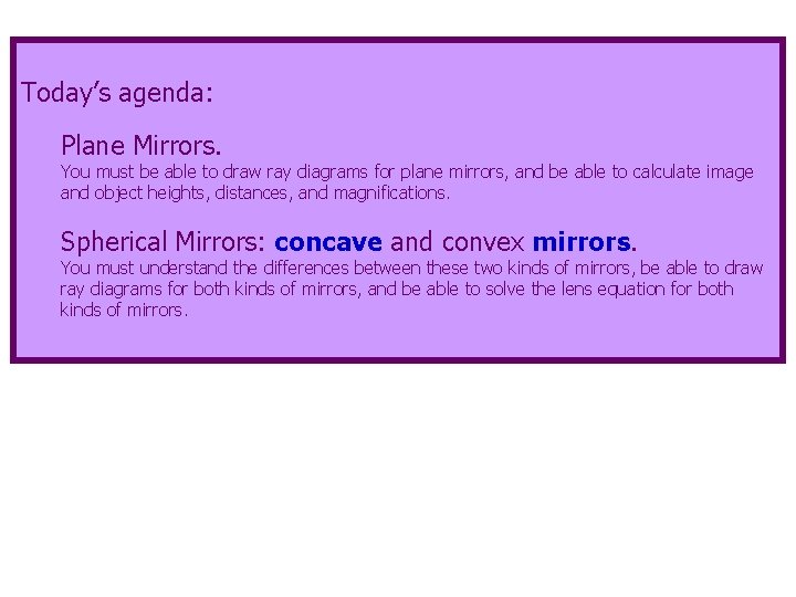 Today’s agenda: Plane Mirrors. You must be able to draw ray diagrams for plane