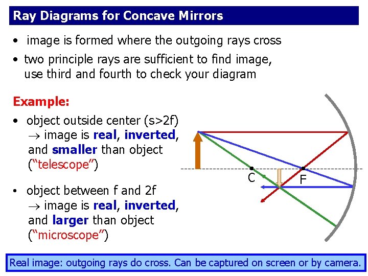 Ray Diagrams for Concave Mirrors • image is formed where the outgoing rays cross