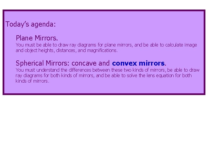 Today’s agenda: Plane Mirrors. You must be able to draw ray diagrams for plane