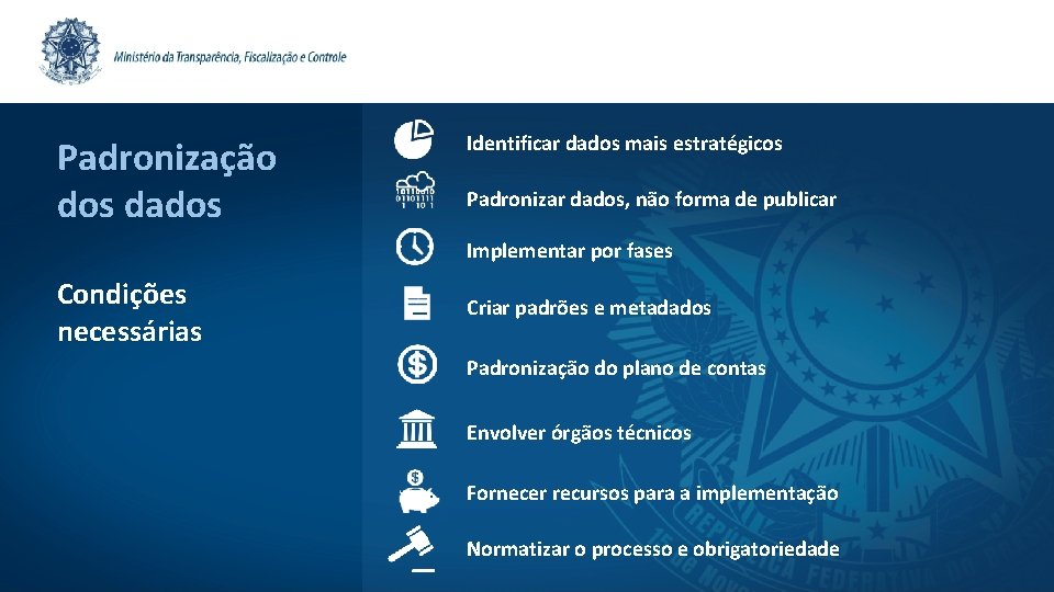 Padronização dos dados Identificar dados mais estratégicos Padronizar dados, não forma de publicar Implementar