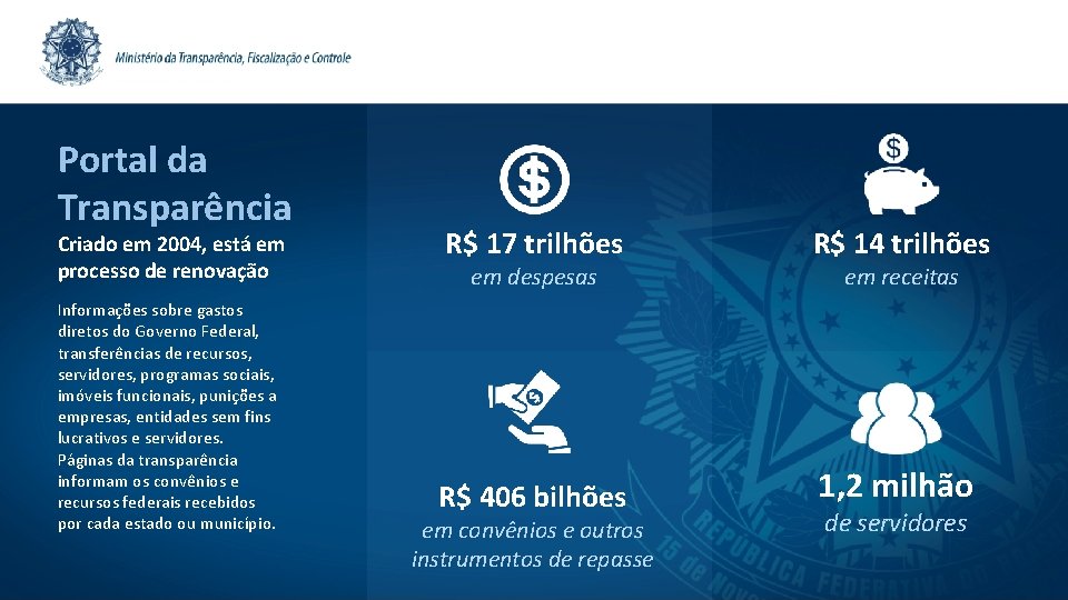 Portal da Transparência Criado em 2004, está em processo de renovação Informações sobre gastos