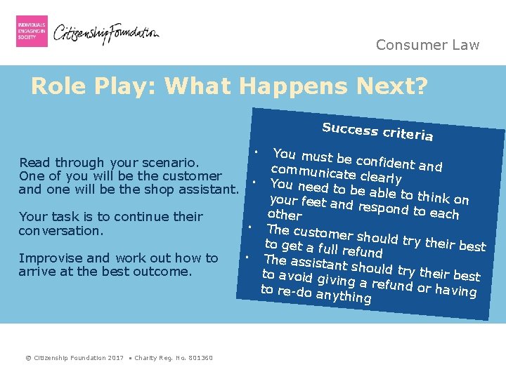 Consumer Law Role Play: What Happens Next? Success cr iteria • You must be