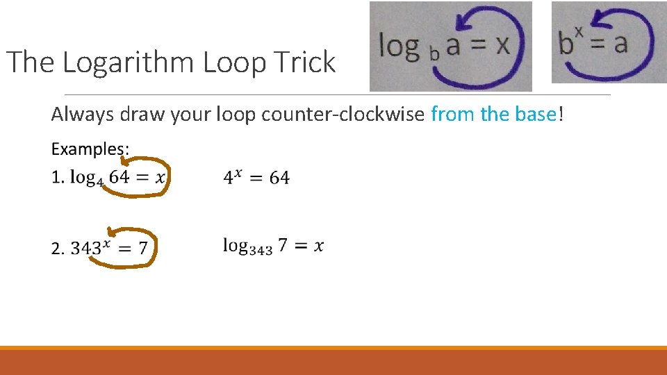 The Logarithm Loop Trick Always draw your loop counter-clockwise from the base! 