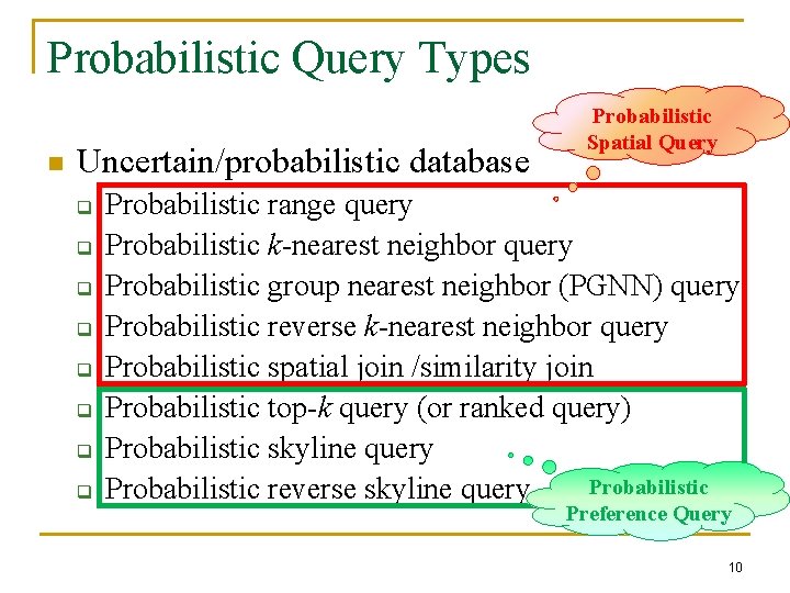 Probabilistic Query Types n Uncertain/probabilistic database q q q q Probabilistic Spatial Query Probabilistic